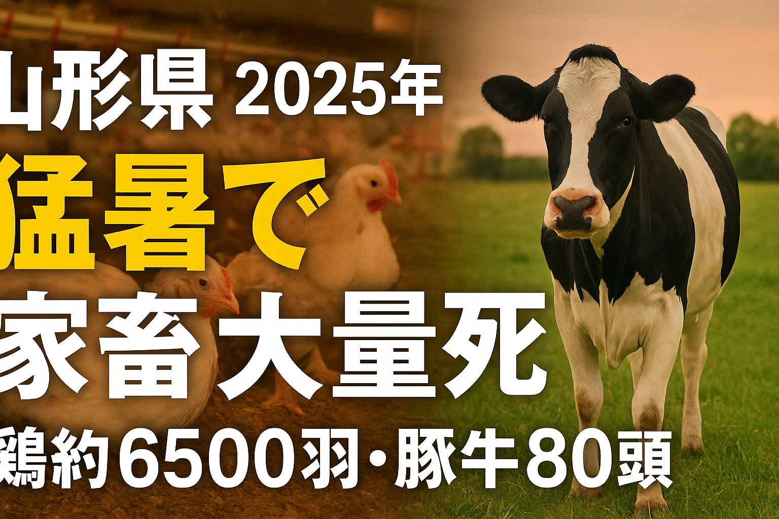 山形県 2025年 猛暑による家畜大量死｜鶏約6500羽・豚牛80頭の被害を伝えるニュース用画像（鶏舎と乳牛、見出しテキスト入り）