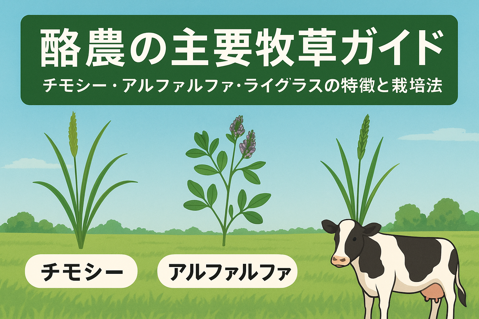 チモシー・アルファルファ・ライグラスの酪農用牧草フィールド