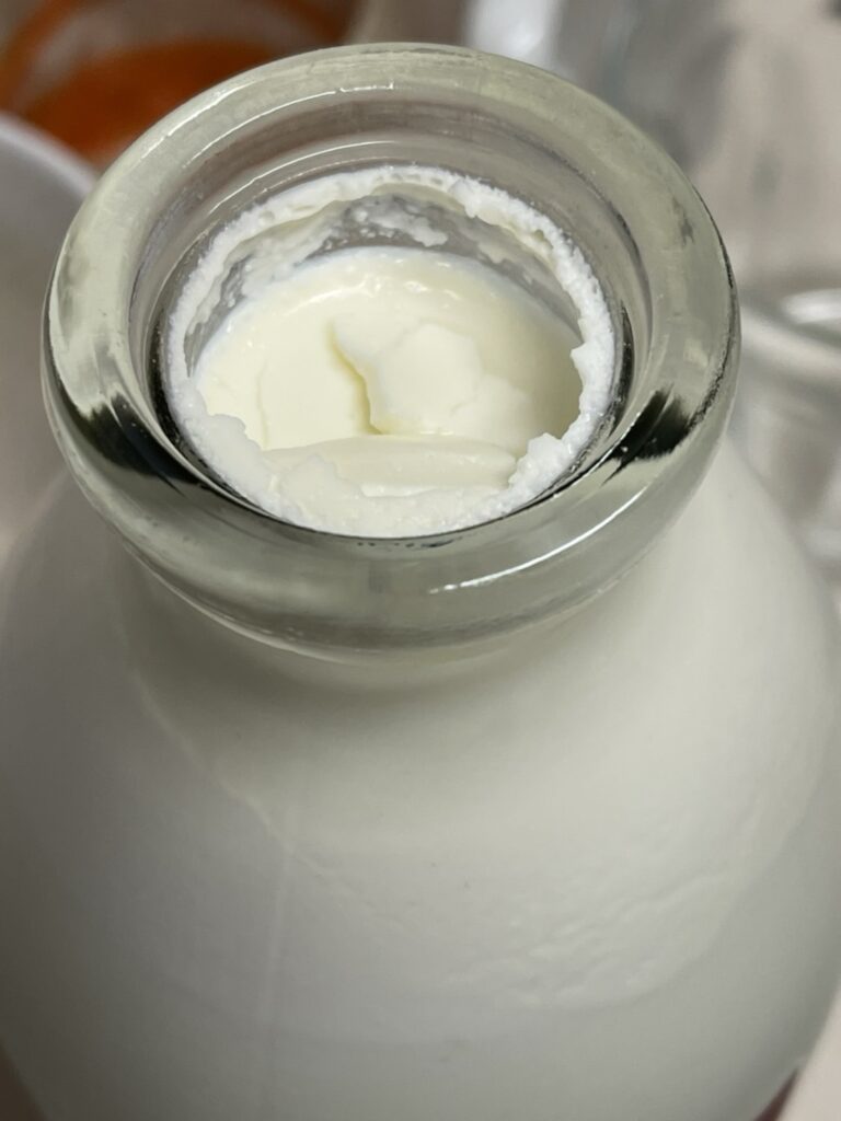 ノンホモ牛乳の表面に浮かぶクリーム層と脂肪球のイメージ