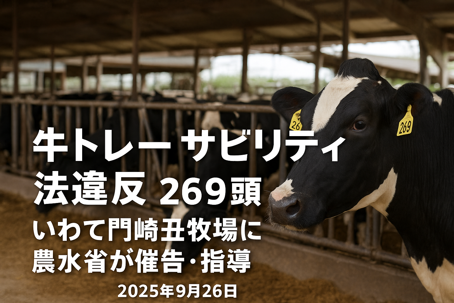 牛トレーサビリティ法違反269頭｜いわて門崎丑牧場に農水省が催告・指導を受けた牛舎と耳標管理のイメージ