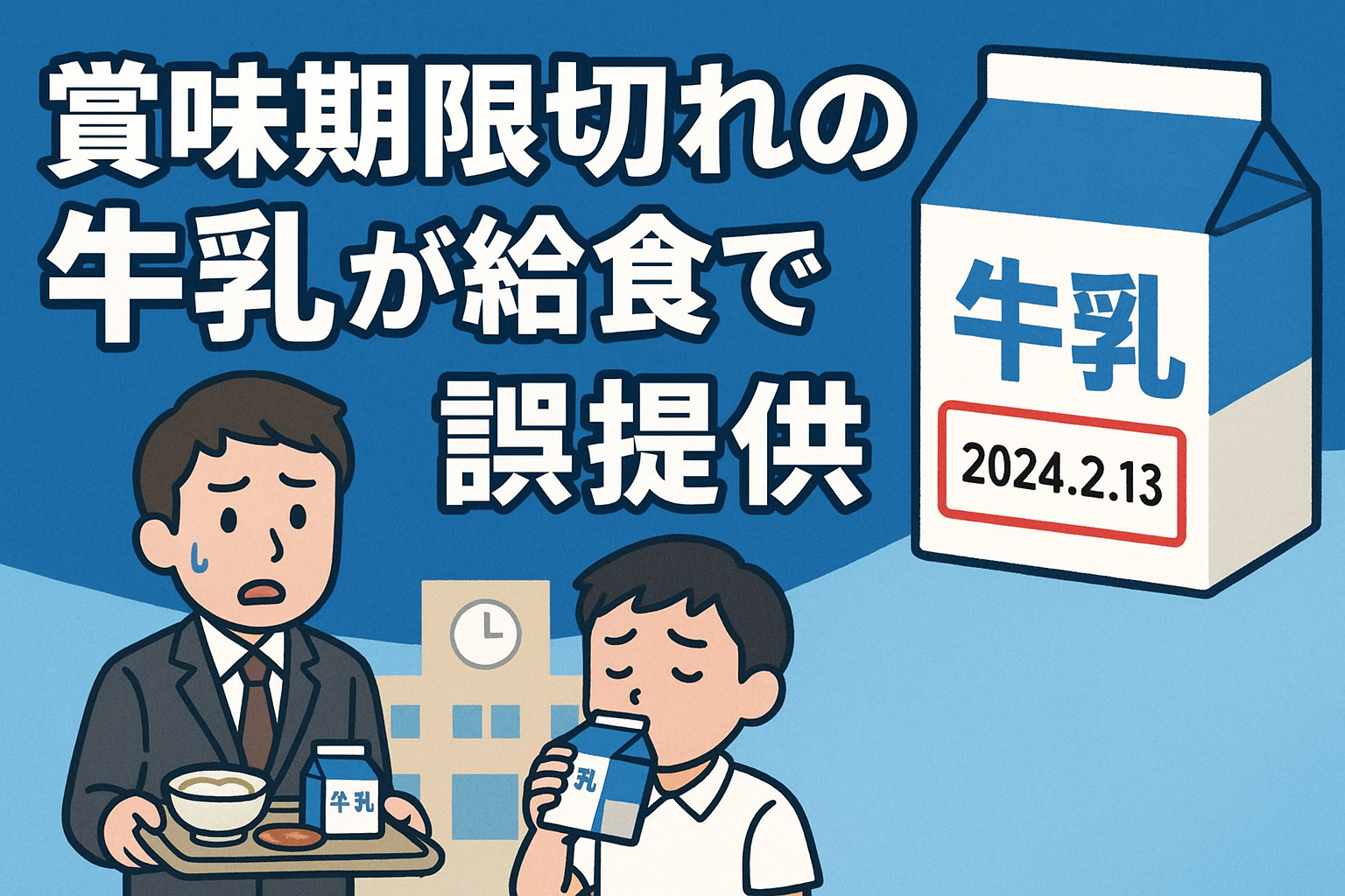 尼崎市中学校給食で賞味期限切れ牛乳誤提供のニュースイラスト