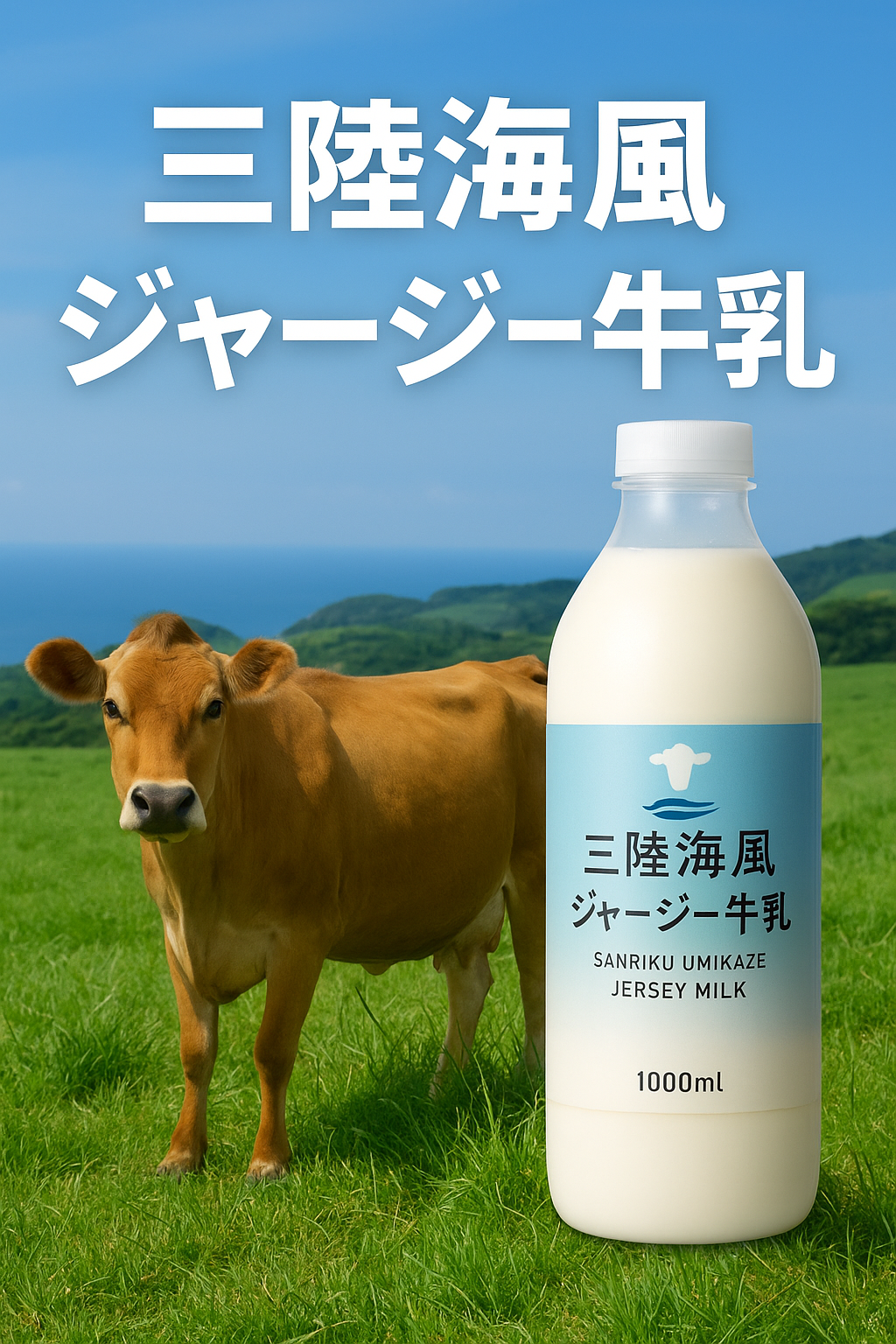 三陸海風ジャージー牛乳のボトルとジャージー牛が並ぶ岩手県さしはた牧場の風景