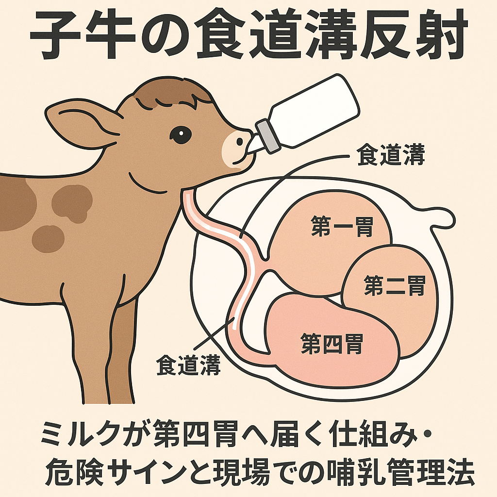 子牛の食道溝反射とミルクの第四胃への流れ|哺乳管理とruminal drinking予防