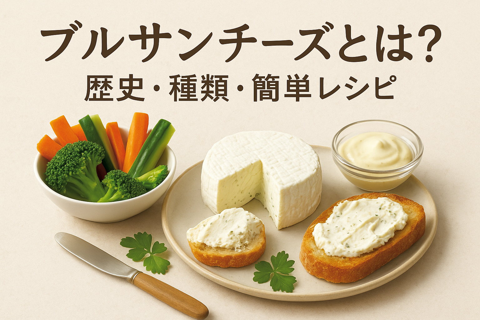 ブルサンチーズ（Boursin）ガーリック＆ハーブのカナッペと野菜ディップ｜歴史・種類・簡単レシピ用アイキャッチ