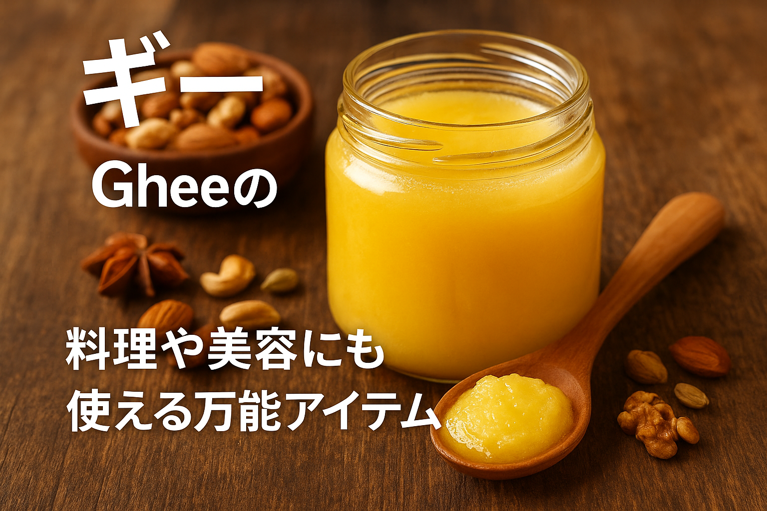 ギー(Ghee)の瓶とスプーンに取った黄金色の澄ましバター、ナッツやスパイスとキッチン背景