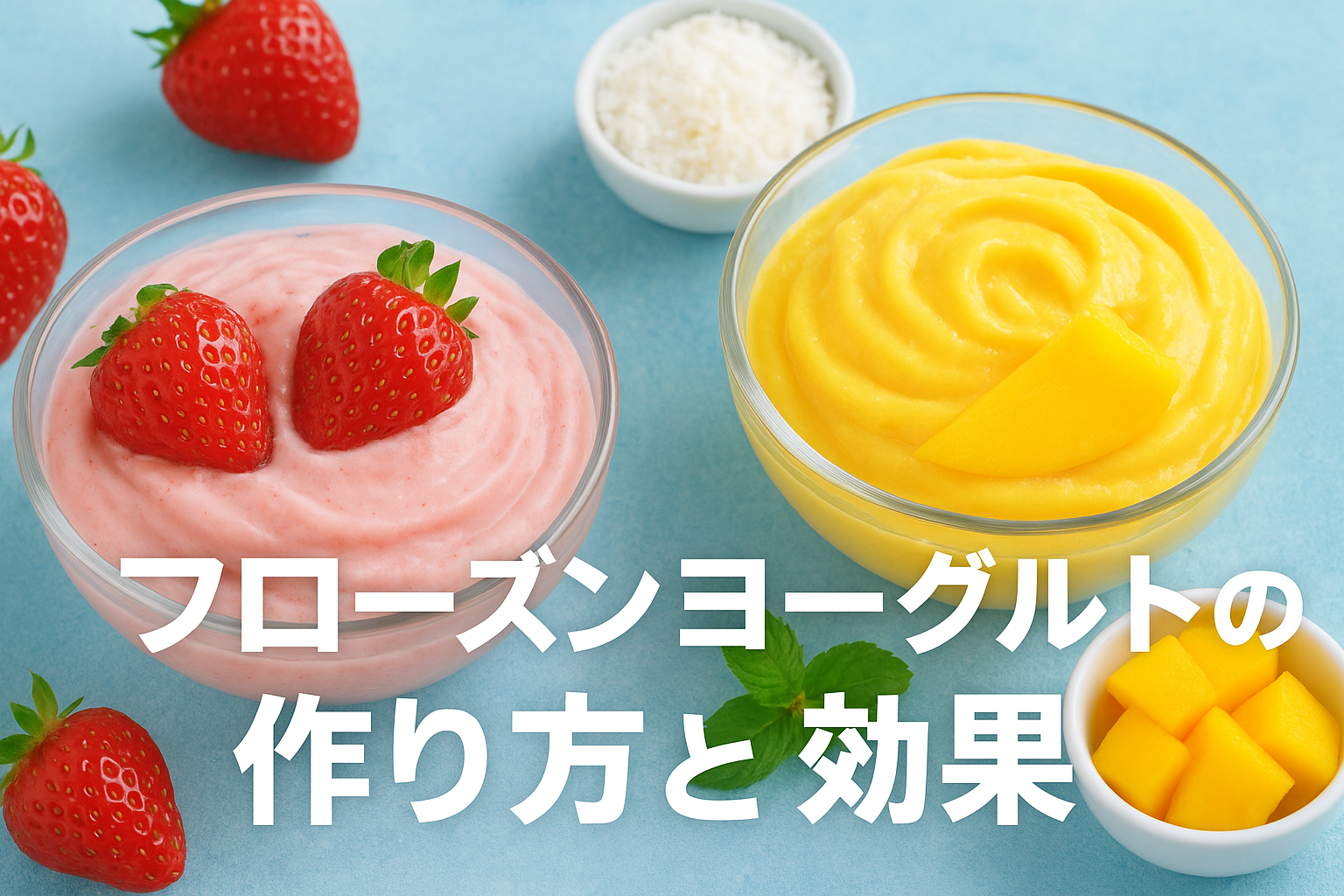 色とりどりのフルーツとナッツをトッピングした低カロリーフローズンヨーグルトのレシピ例