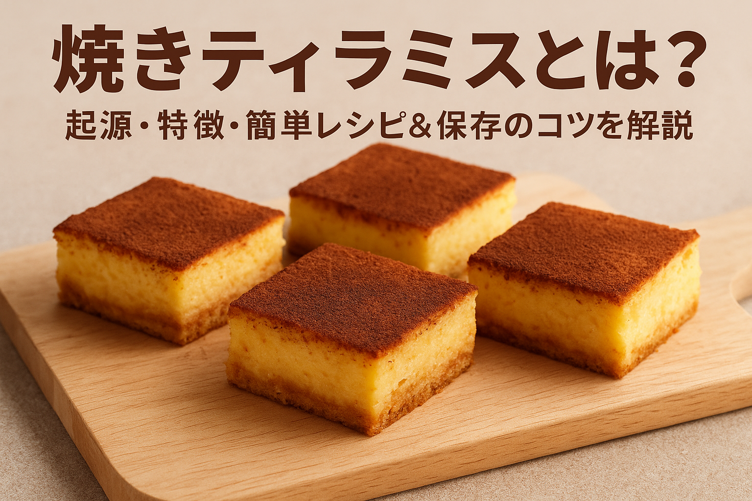 焼きティラミスのカット4個が木のまな板に並んだ写真。ココアを振ったしっとりした焼き菓子で、家庭で作れる簡単レシピや保存・ギフトのコツを紹介。