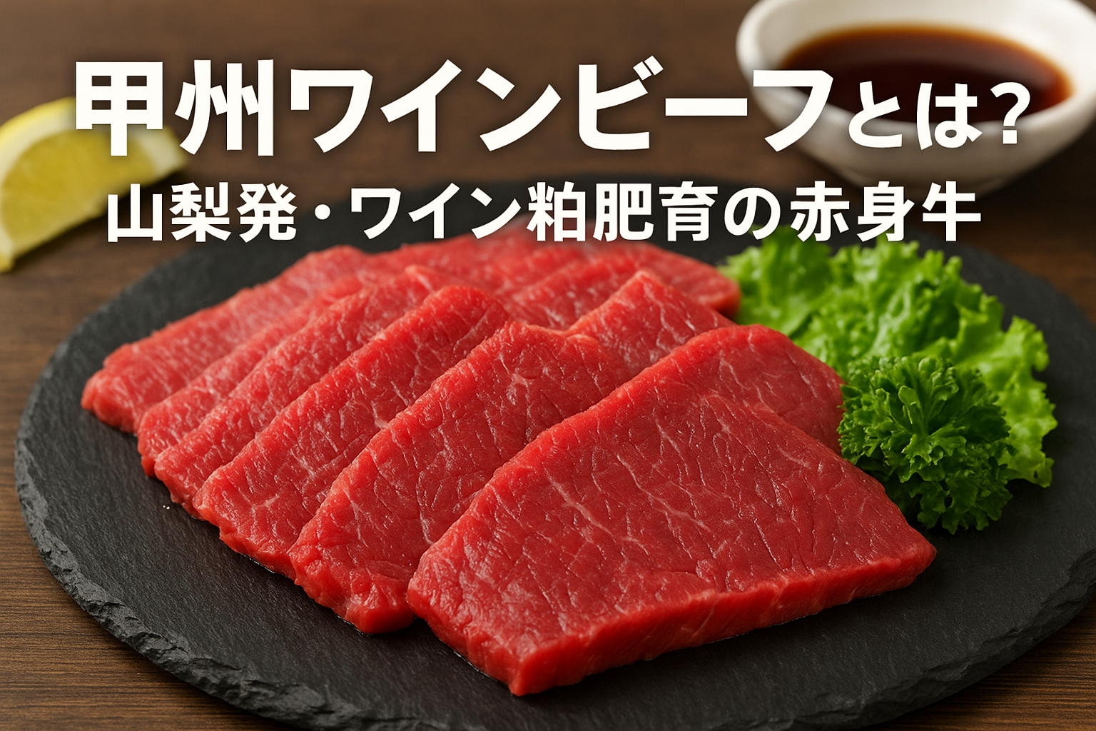 甲州ワインビーフの薄切り赤身肉（山梨産・ワイン粕肥育）｜焼肉・ステーキ向けの鮮やかなスライスと付け合わせ