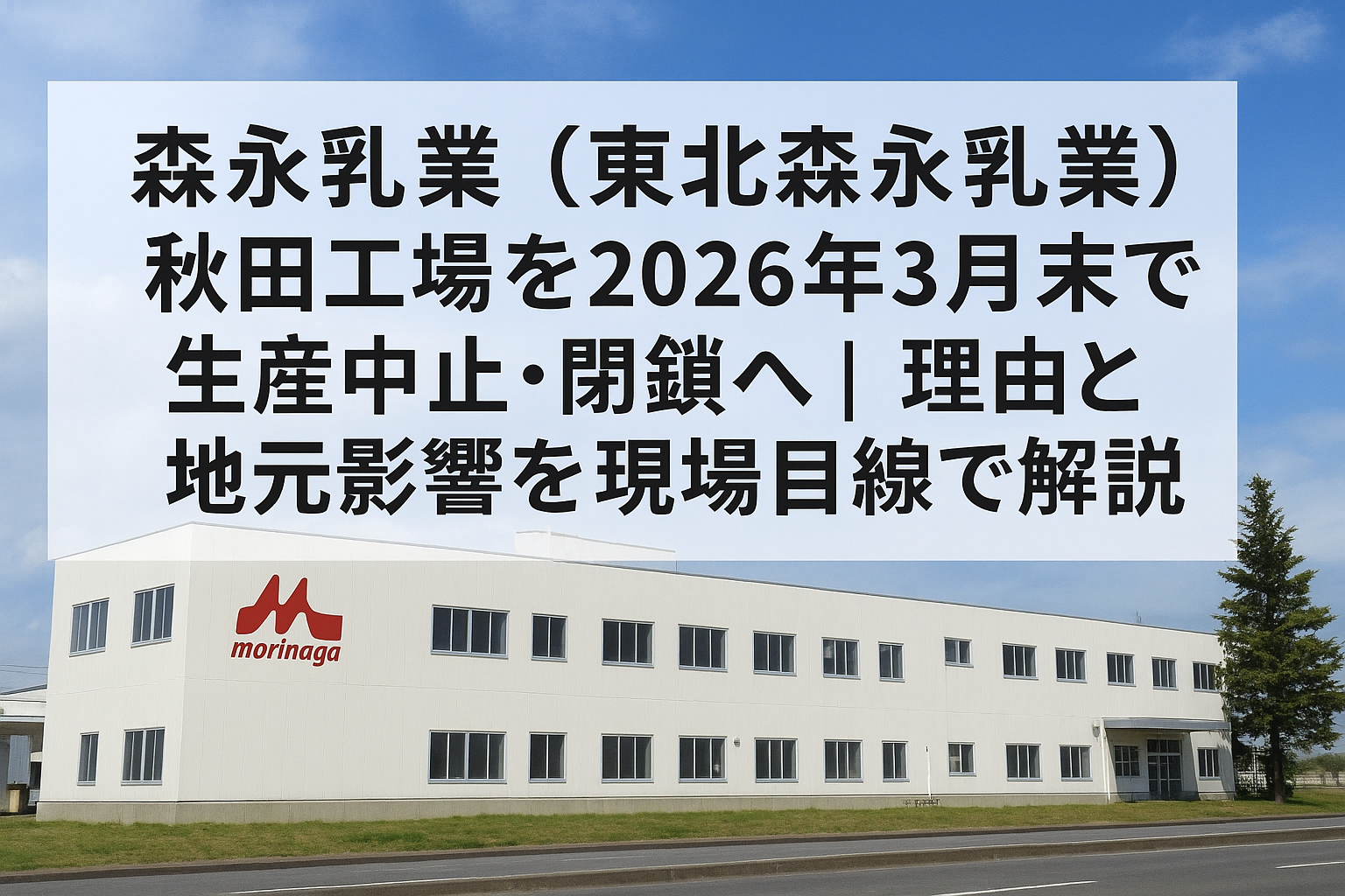森永乳業 秋田工場 外観｜2026年3月末で生産中止・閉鎖を伝えるアイキャッチ（大館市）