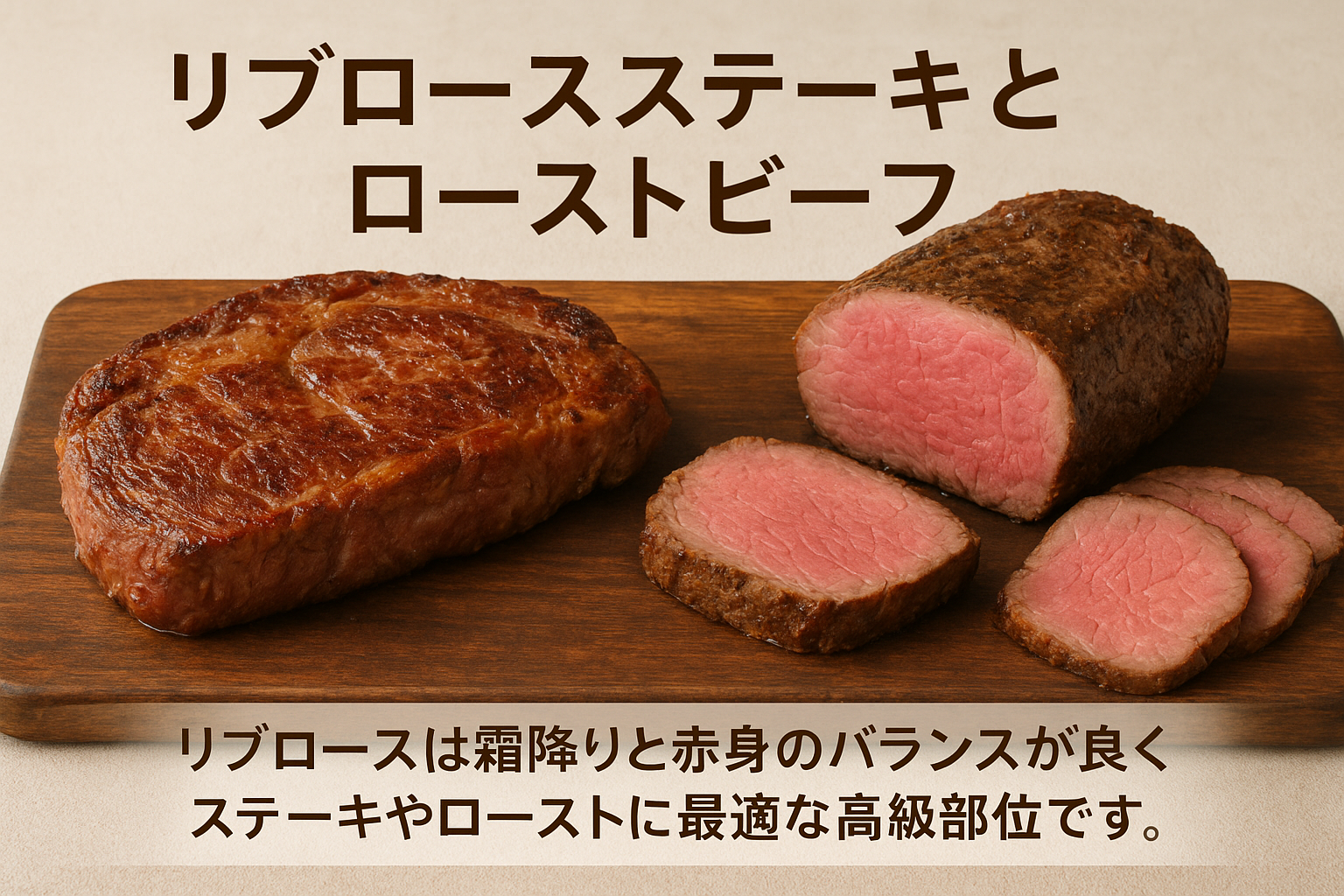 リブロースステーキとローストビーフ、霜降りが美しい牛肉の高級部位