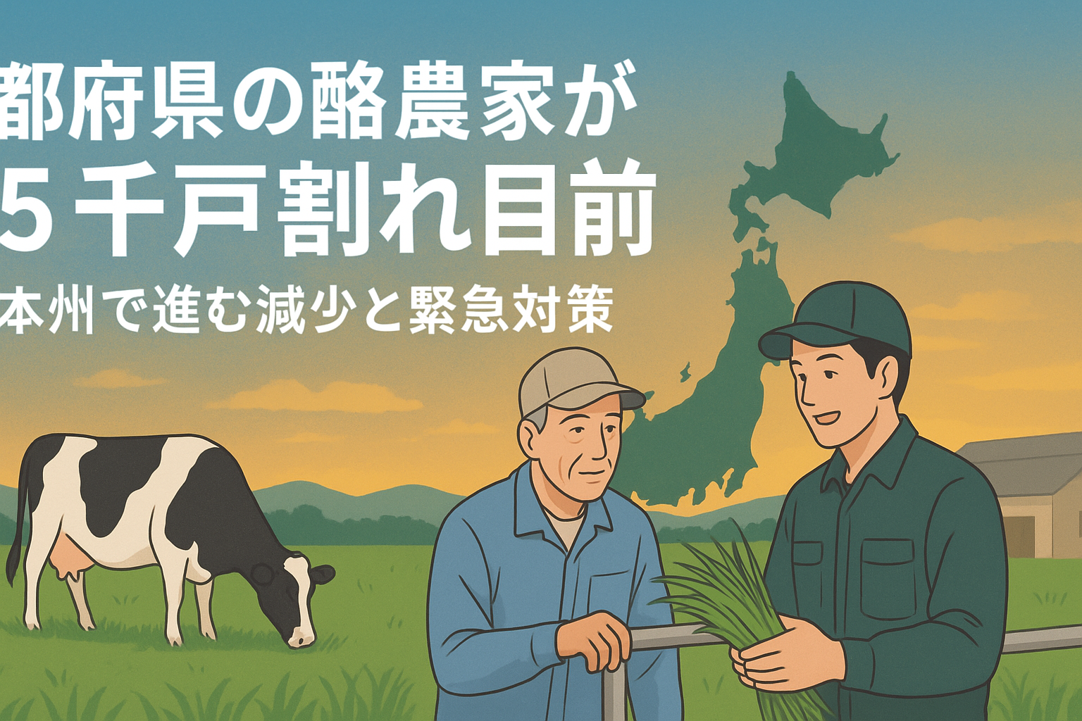 本州の酪農家減少を象徴する乳牛と牧場の風景、後継者不足と対策を伝えるイメージ