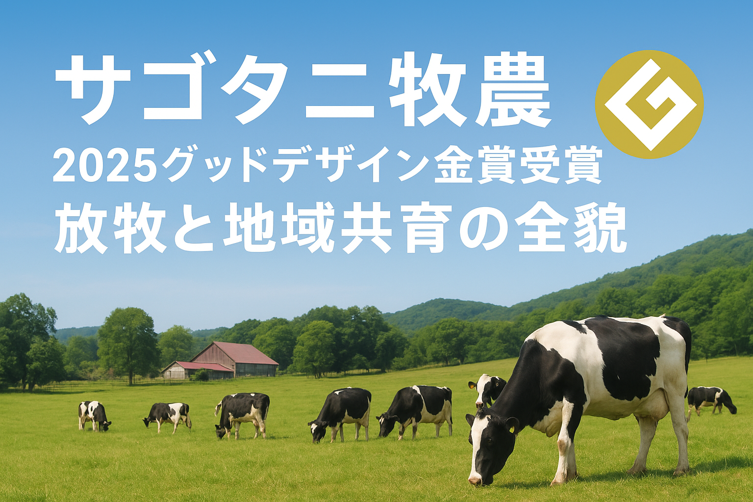 サゴタニ牧農の放牧風景とグッドデザイン金賞ロゴ — 2025年受賞、広島湯来のホルスタインと地域共育を伝える牧場イメージ