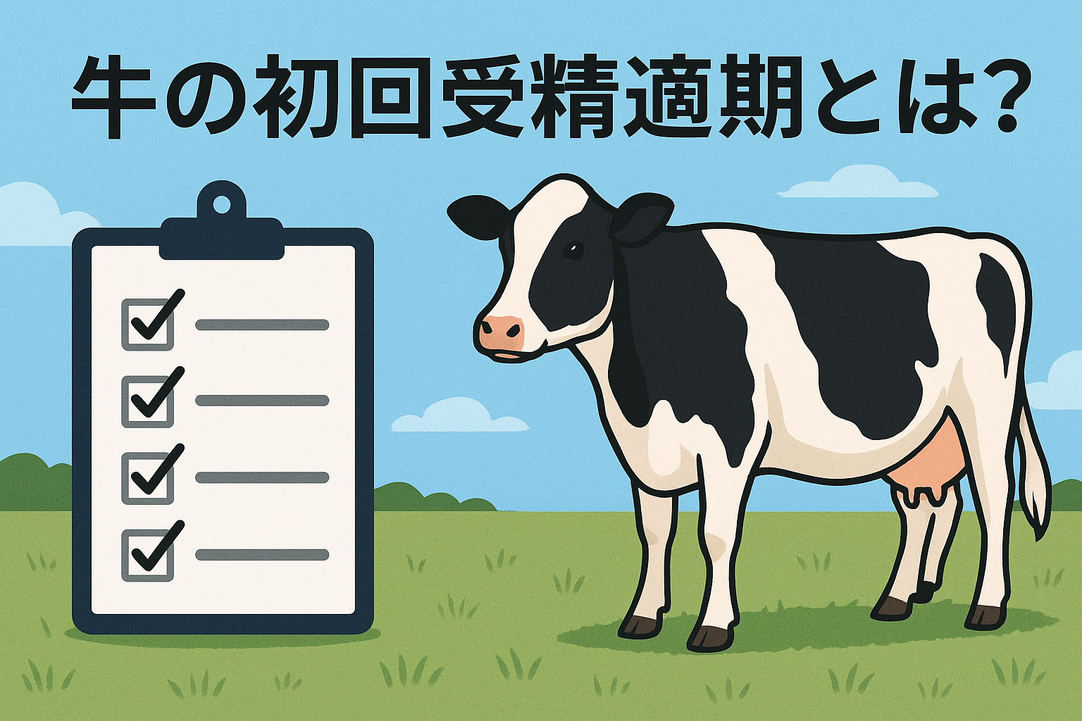 牛の初回受精適期を示すホルスタイン牛とチェックリストのイラスト — 分娩後VWPと授精タイミングガイド