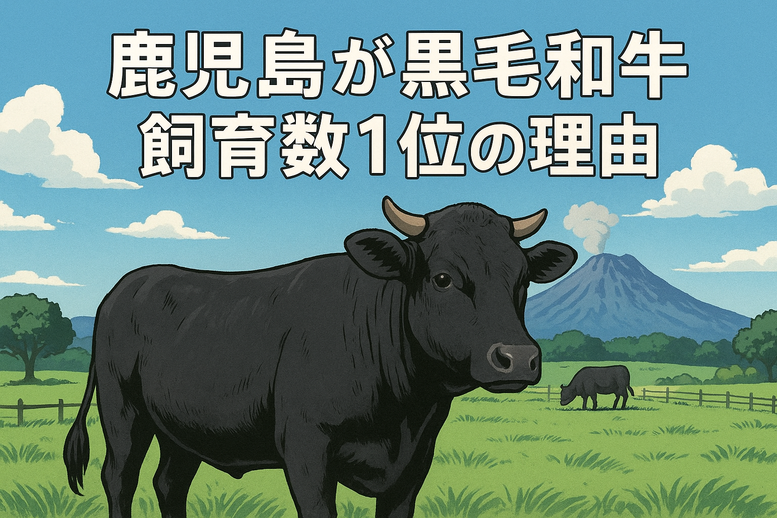 鹿児島県が黒毛和牛飼育頭数全国1位の理由を示すイラスト。桜島と牧場風景の中で黒毛和牛が描かれている。