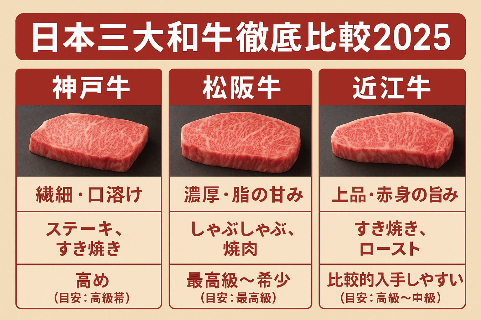 日本三大和牛比較2025｜神戸牛・松阪牛・近江牛の違いと特徴をまとめた図解イメージ