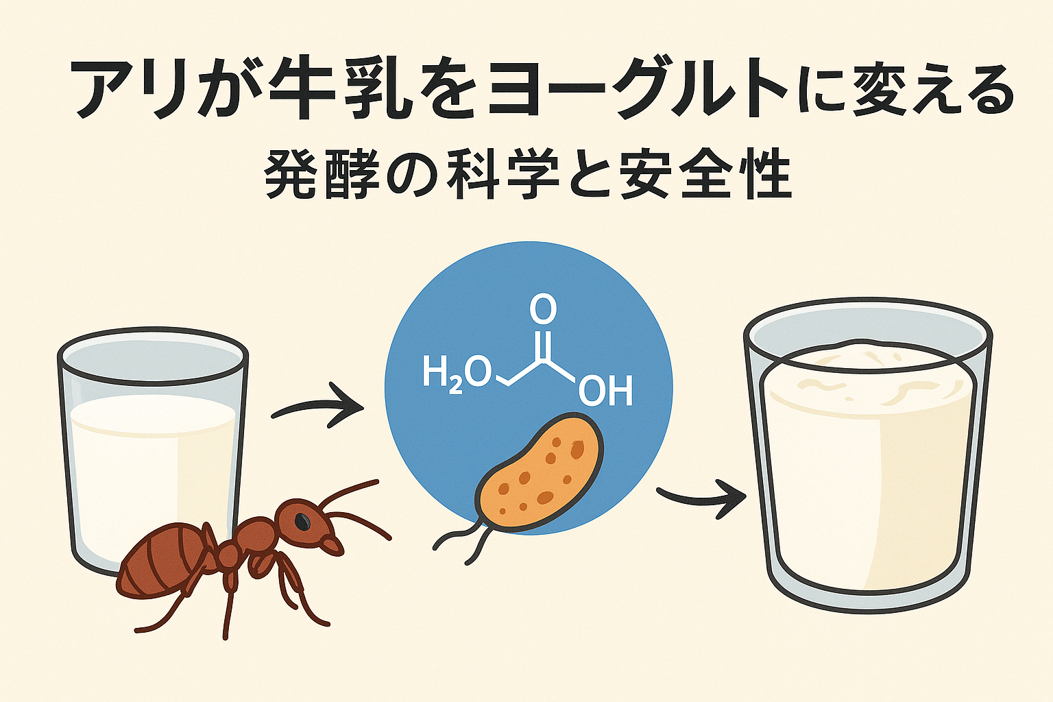 アリ由来の酸と微生物が牛乳をヨーグルト状に変える発酵メカニズムを解説する科学研究の図解