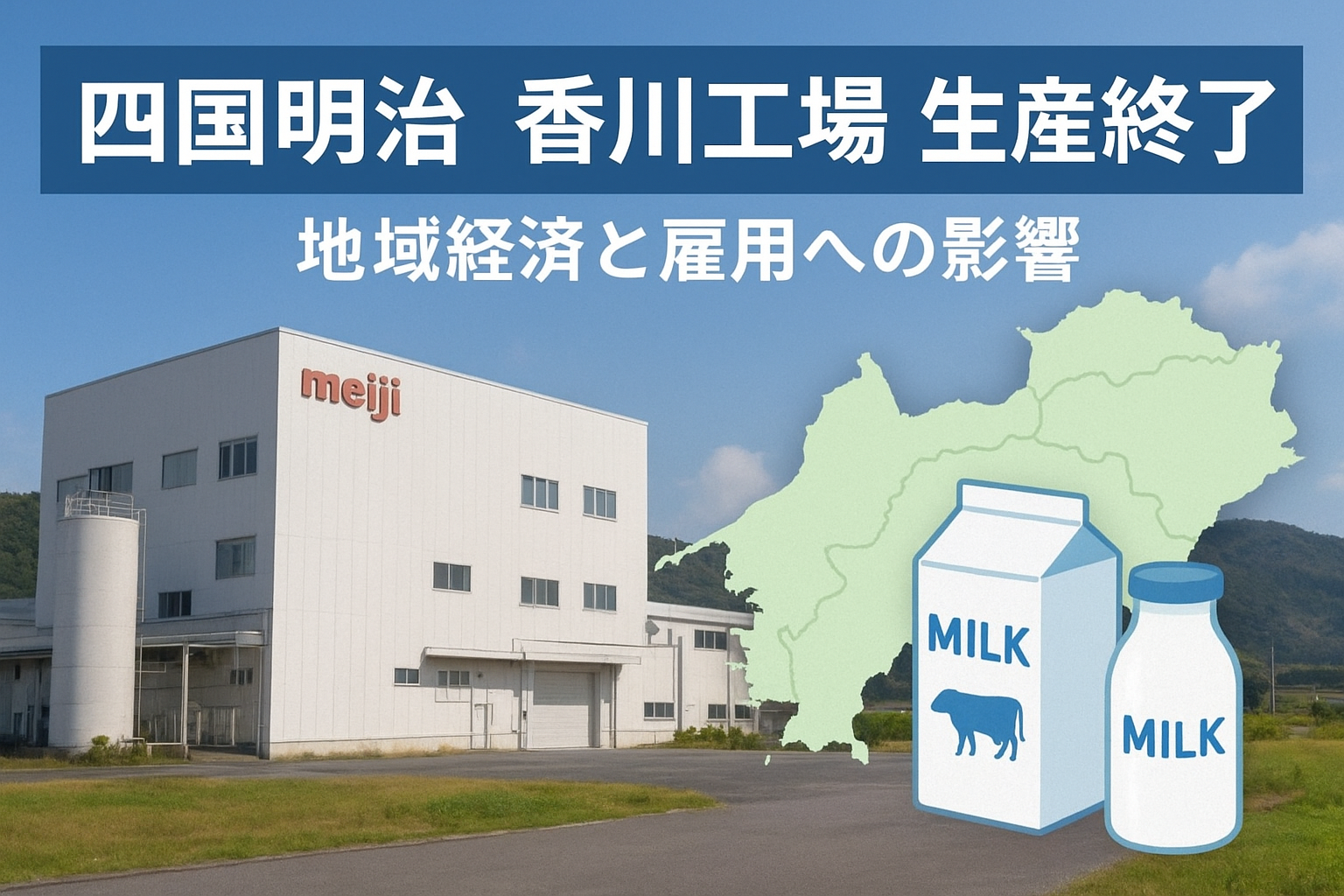 四国明治香川工場の生産終了と地域経済・雇用への影響を伝えるニュースアイキャッチ画像