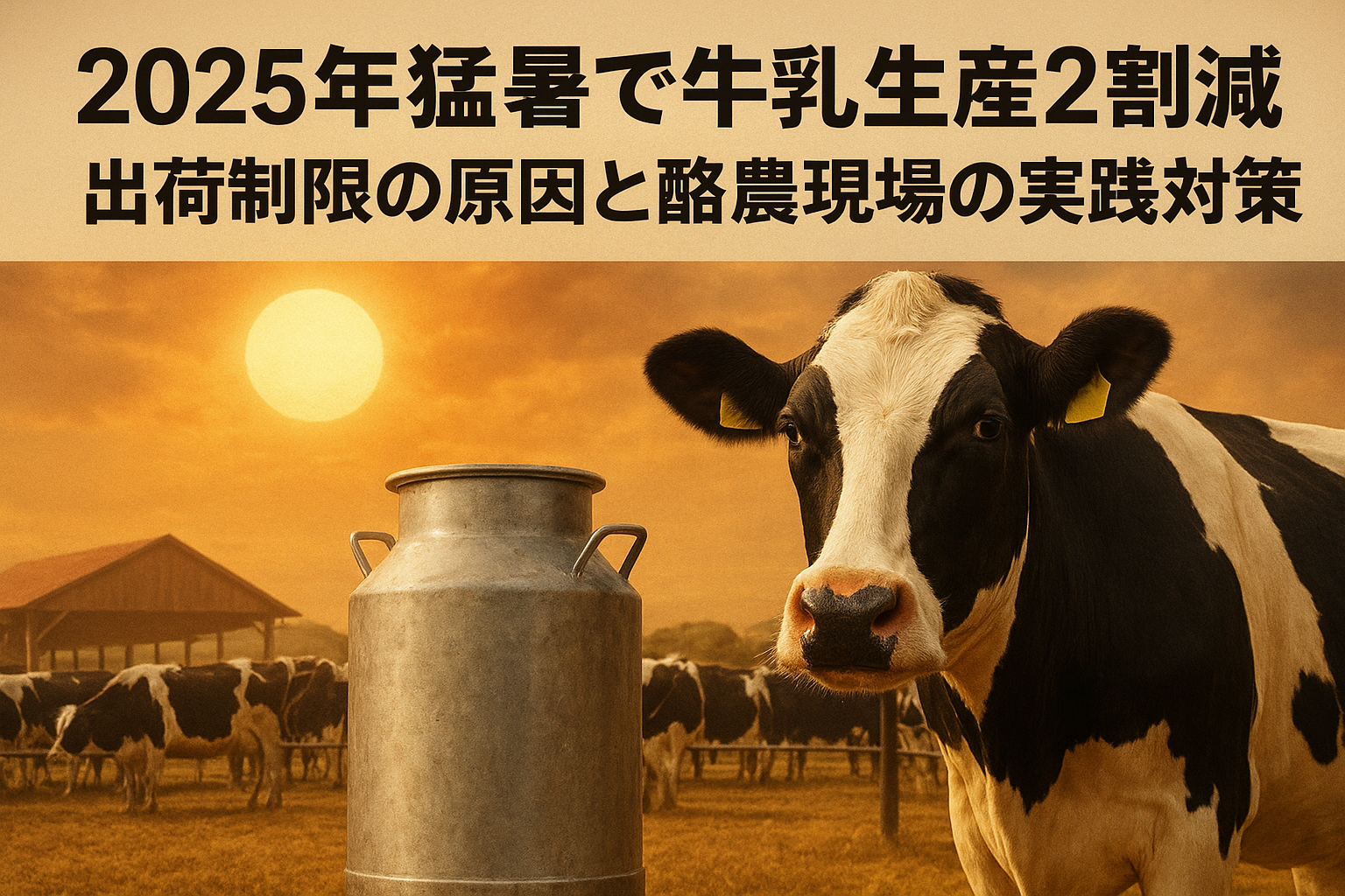 2025年猛暑で牛乳生産が約2割減少した酪農現場の様子：ホルスタインとミルク缶、乾いた牧場と強い日差しを示す写真