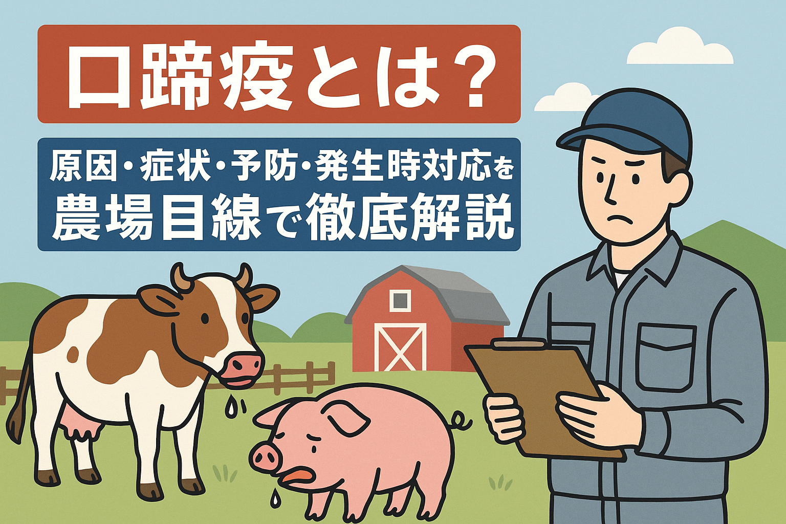 口蹄疫とは？牛や豚の感染原因・症状・予防・発生時の対応を農場目線で解説するイラスト