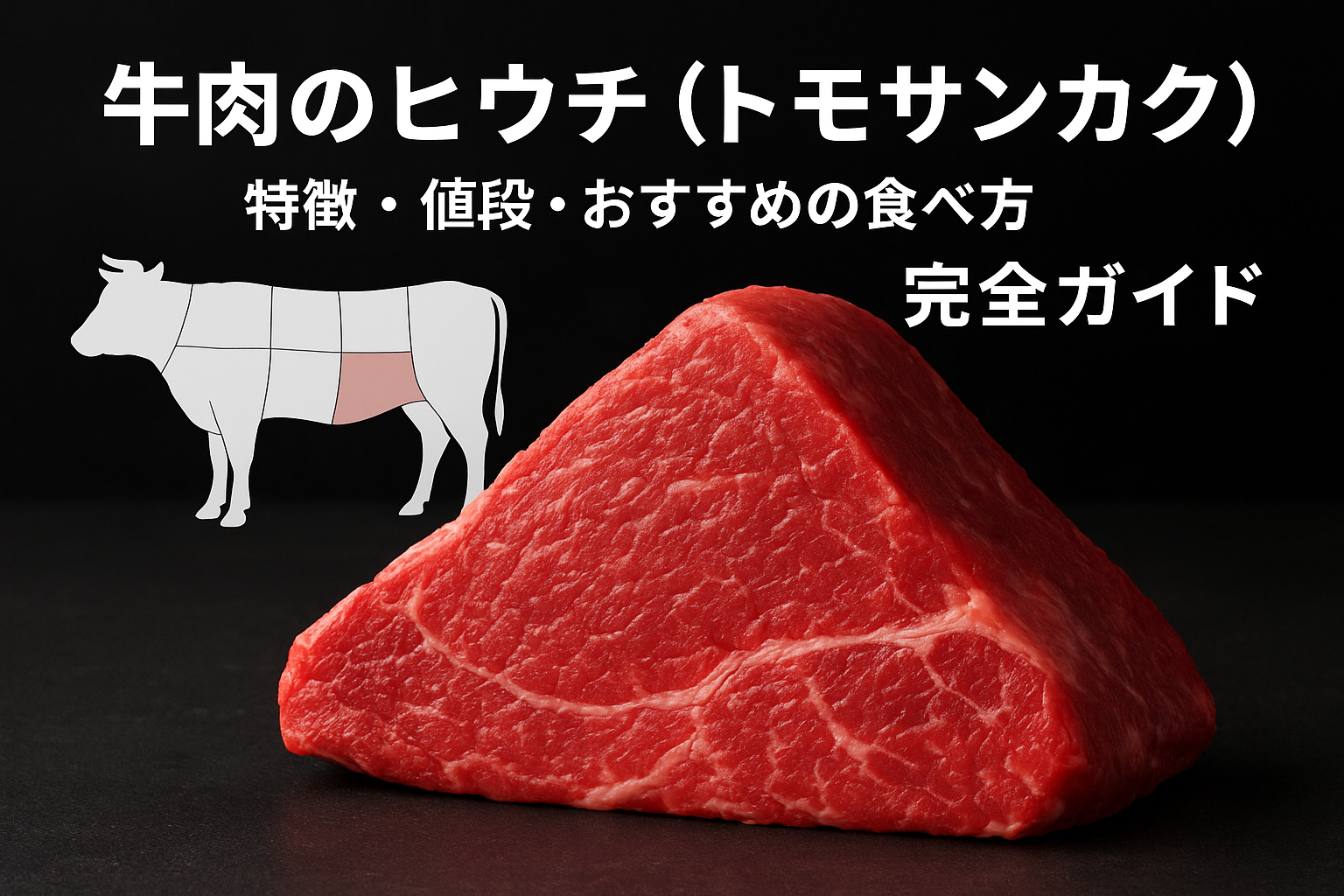 ヒウチ（トモサンカク）のステーキ、または部位図を背景にした高級感のある肉カット写真。