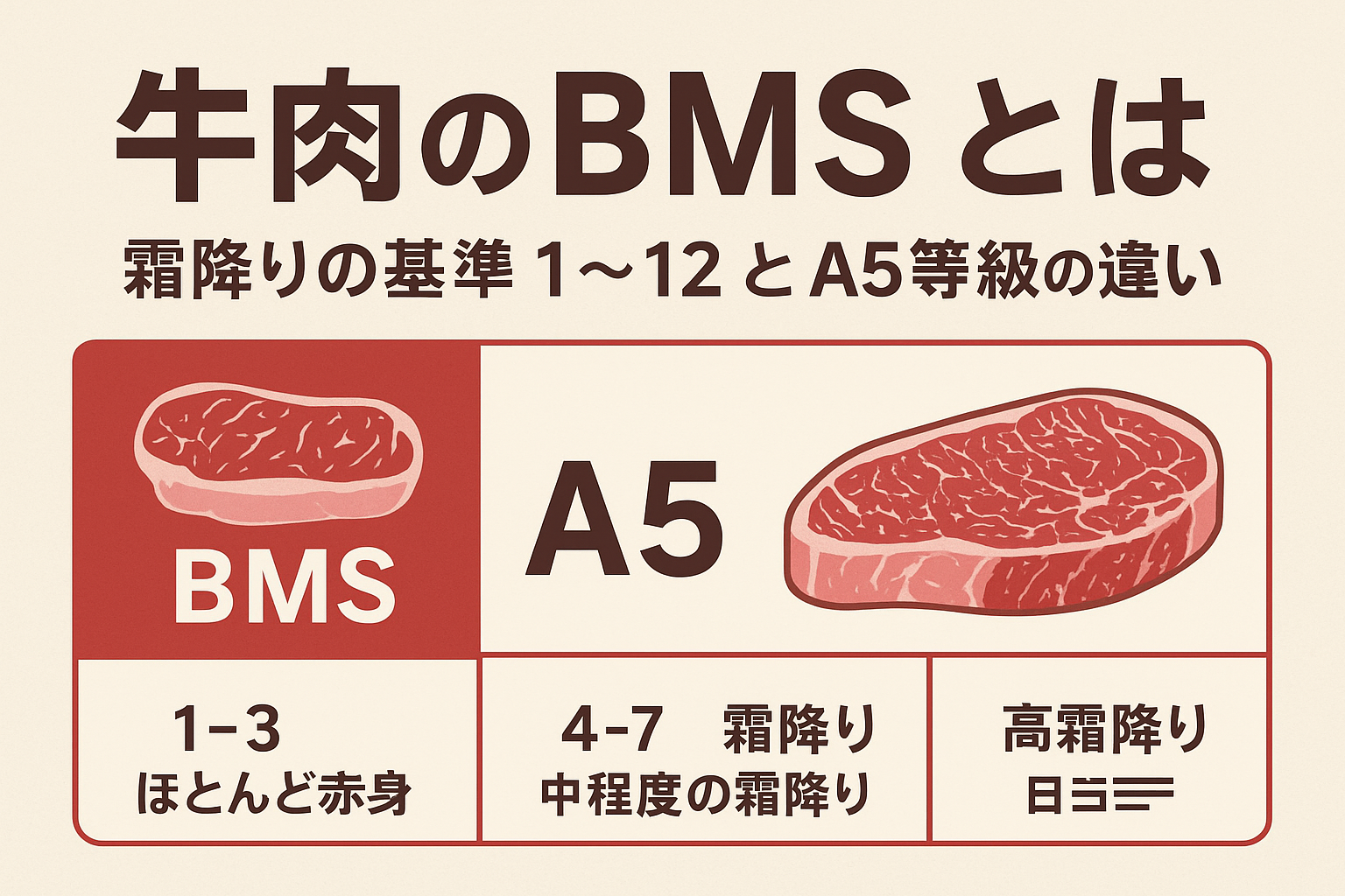牛肉のBMSとは｜霜降りの基準1〜12とA5等級の違いを図解で解説