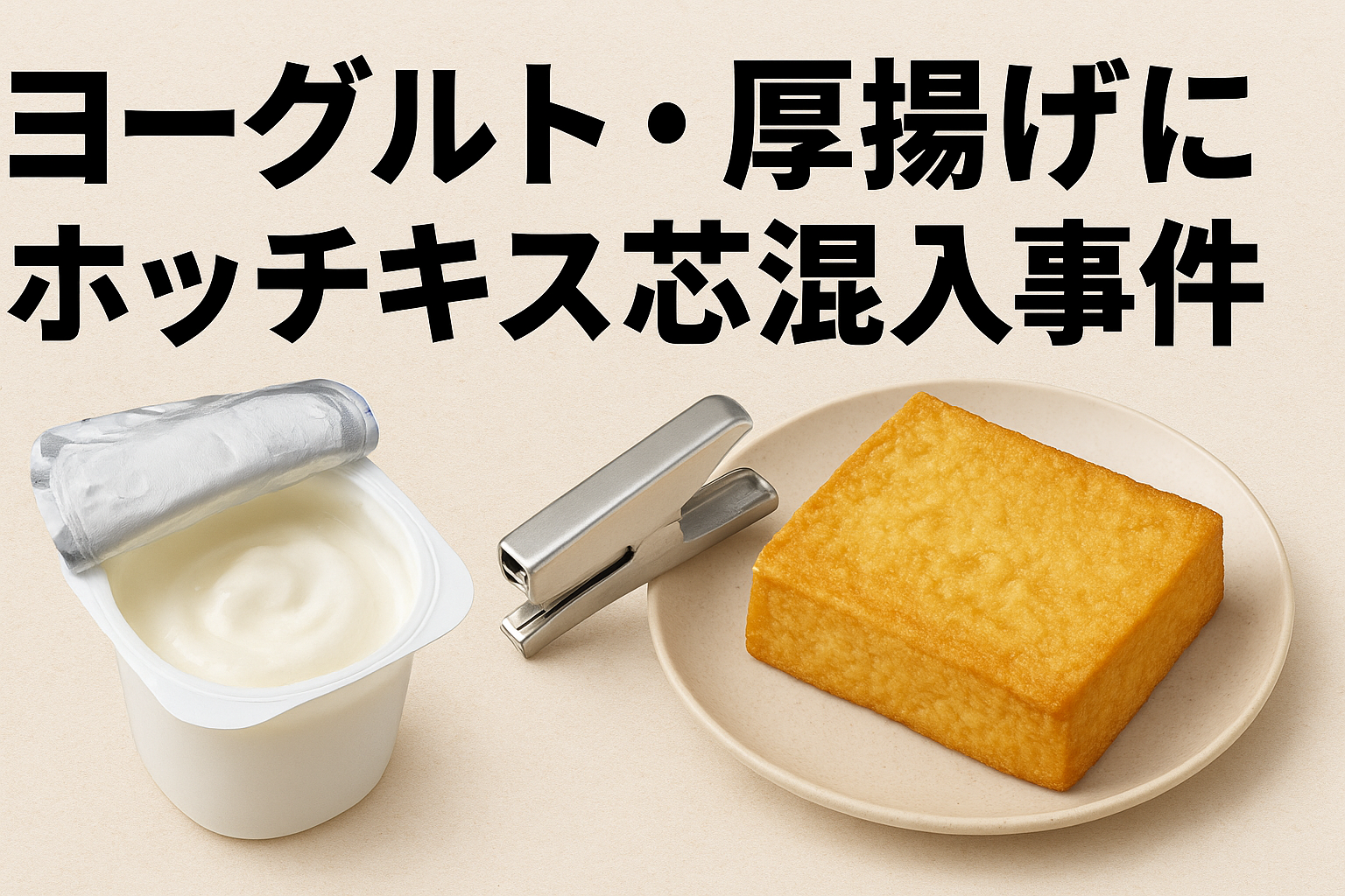 ヨーグルトと厚揚げ、ホッチキスを配した「ホッチキス芯混入事件」アイキャッチ画像（福岡・マックスバリュ次郎丸店、食品異物混入）