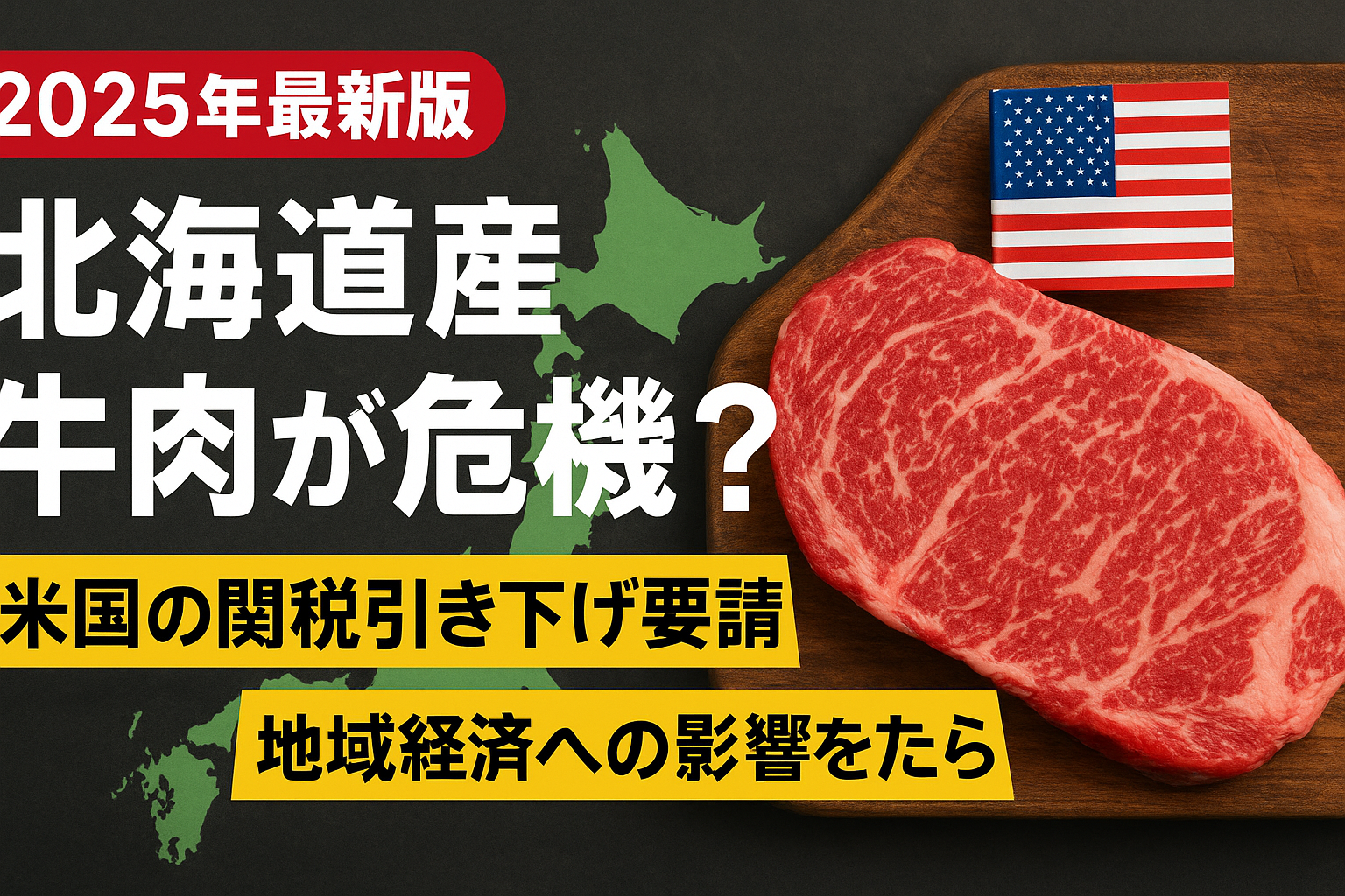 2025年最新版　北海道産牛肉が危機？　米国の関税引き下げ要請を示す霜降り牛肉と北海道地図