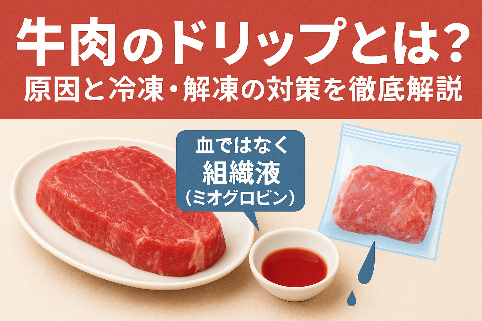 牛肉のドリップとは何かを解説する図解｜赤い汁の正体と冷凍・解凍時の対策を説明