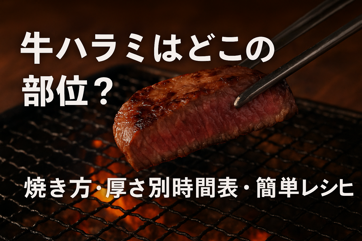 焼肉用の牛ハラミを網で焼く様子。厚さ別の焼き方とレシピを紹介する記事用アイキャッチ