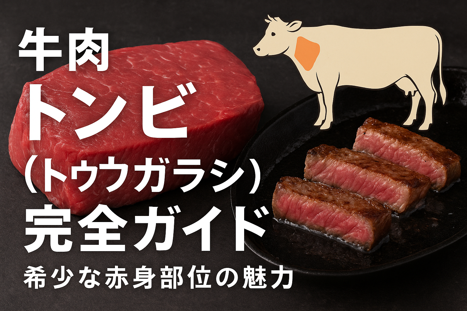 牛肉トンビ（トウガラシ）希少部位の赤身：生肉断面とミディアムレア焼きスライス、部位図を併記したアイキャッチ画像