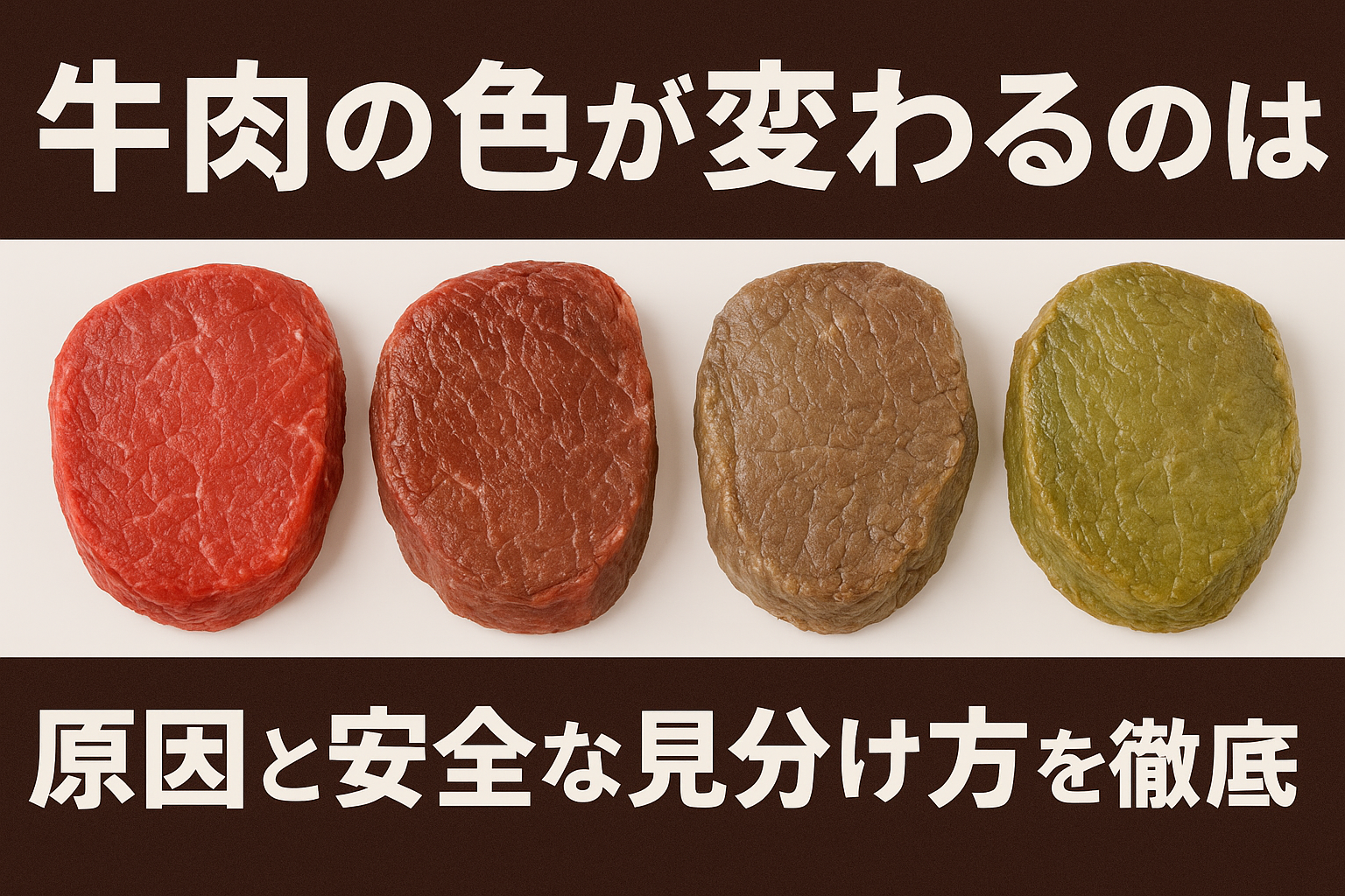 牛肉の色が変わる様子（赤→茶→灰→緑）と原因・安全な見分け方を示すアイキャッチ画像