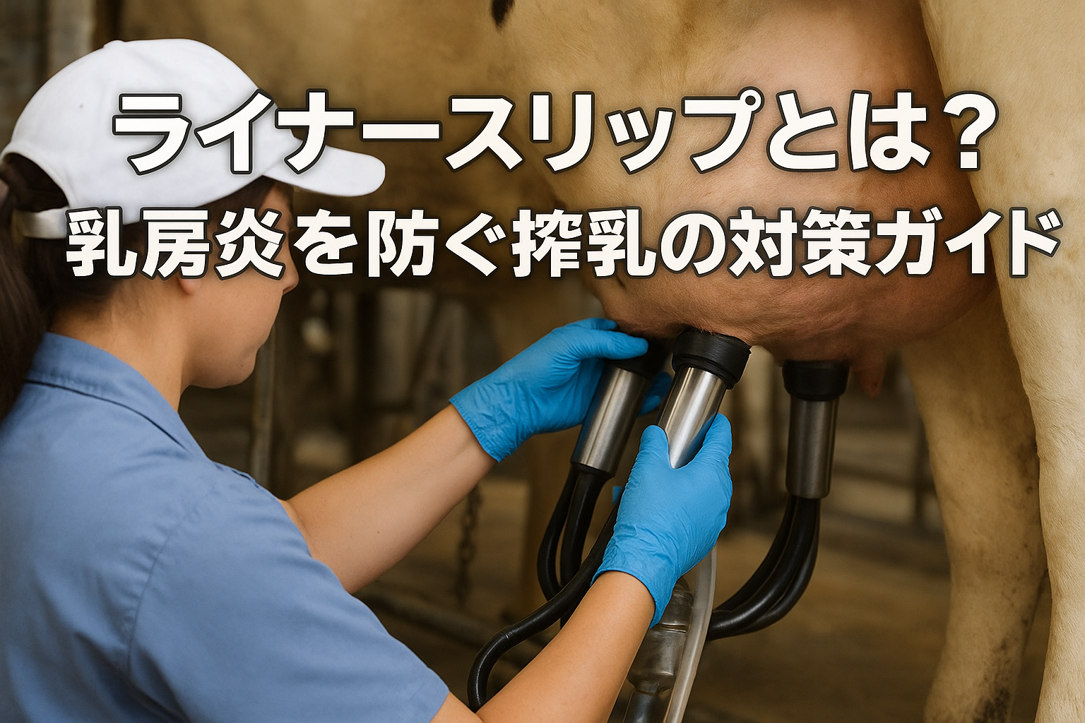 ライナースリップ対策／搾乳中のライナーを調整する作業者とミルカーのクローズアップ（乳房炎予防）