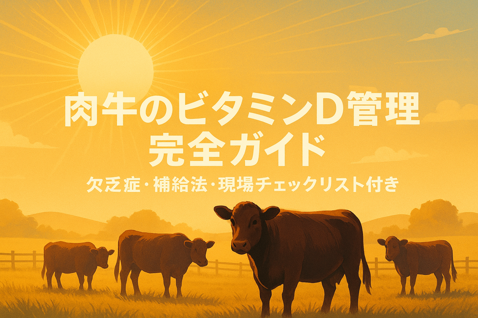 肉牛のビタミンD管理を解説するアイキャッチ画像。日光不足による欠乏症や補給方法を示す牧場風デザイン。