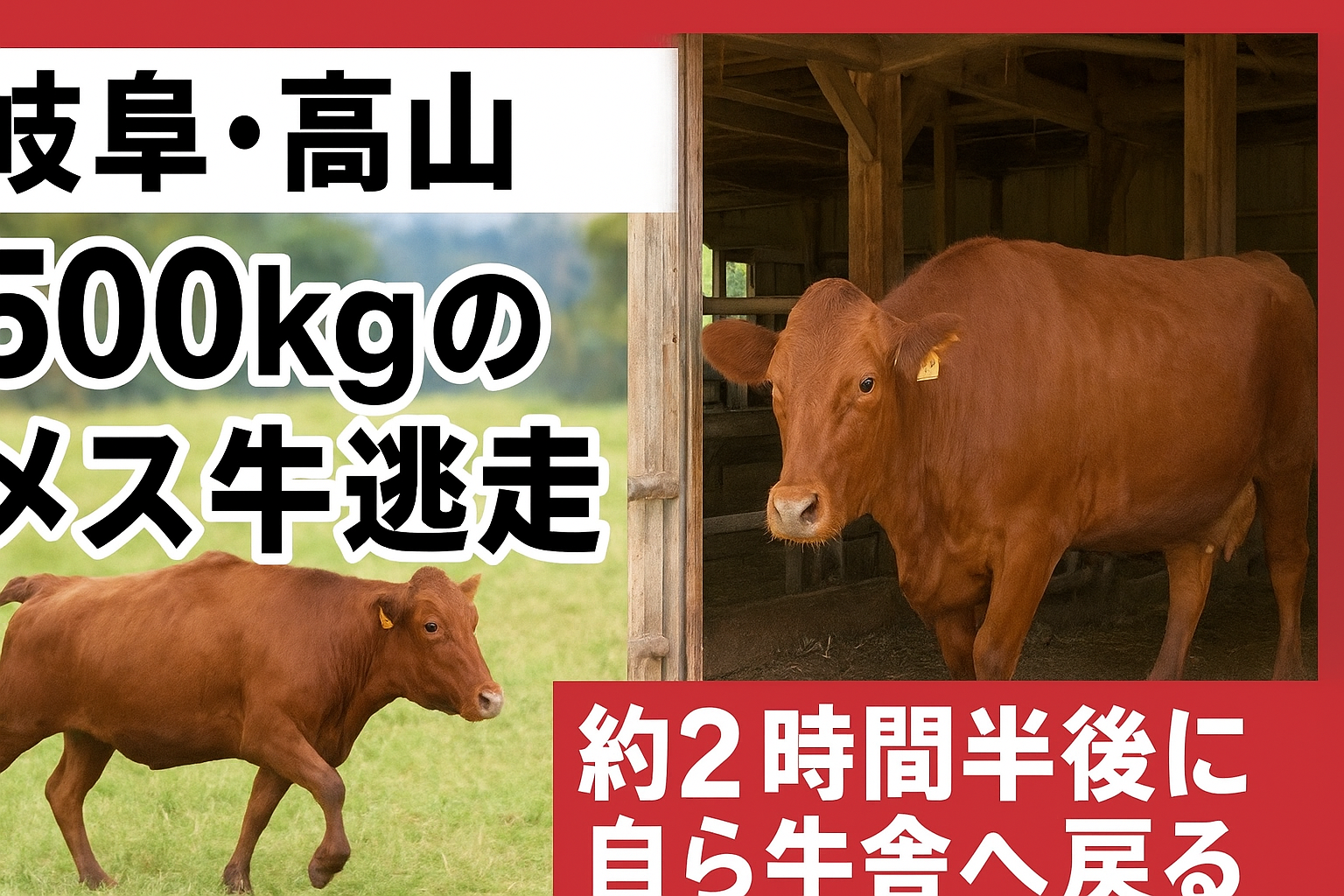 岐阜・高山でトラックから逃走した約500kgのメス牛が約2時間半後に自力で牛舎へ戻る様子を伝える合成画像、逃走と帰還の対比。
