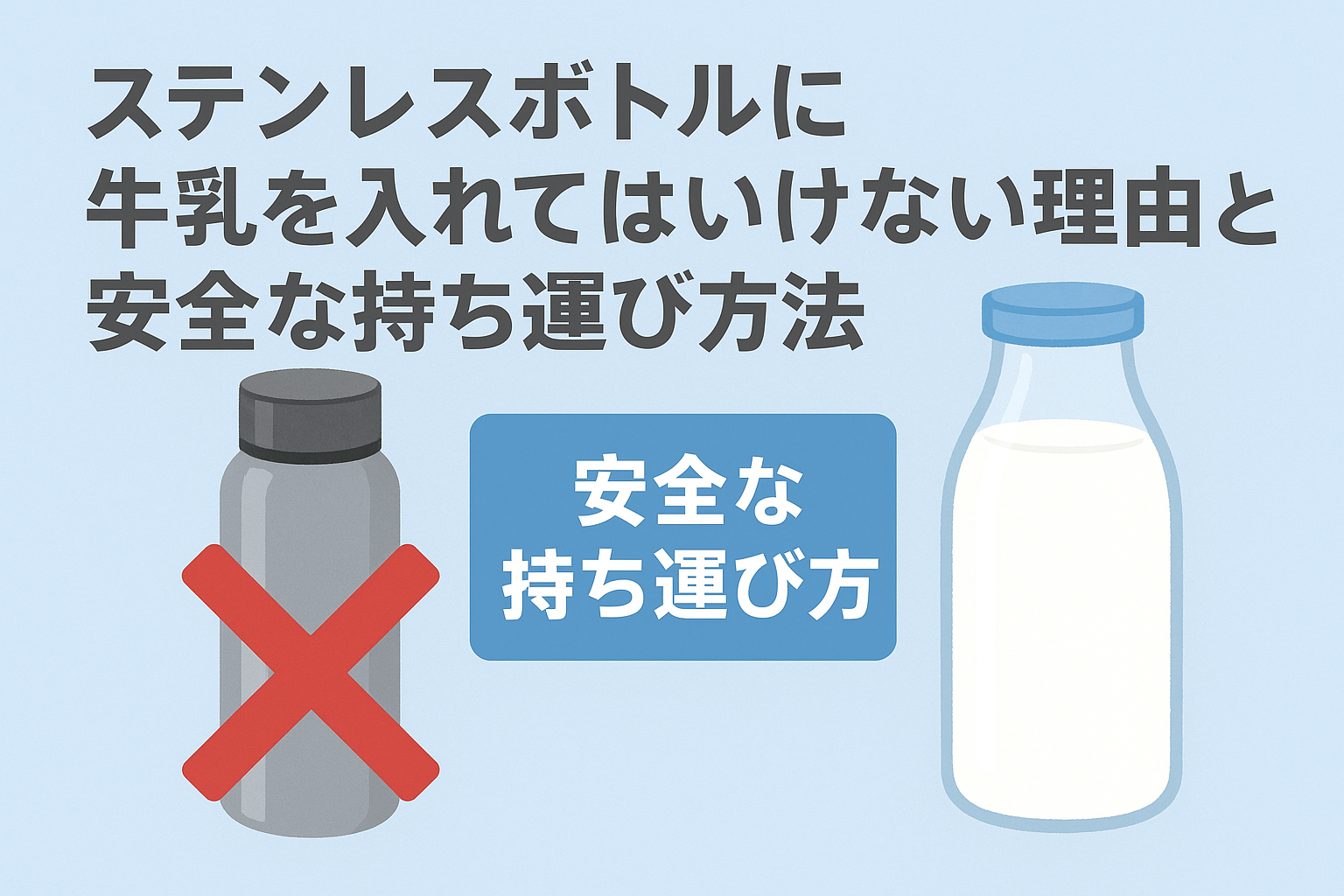 ステンレスボトルに牛乳を入れてはいけない理由と安全な持ち運び方法を解説するイラスト
