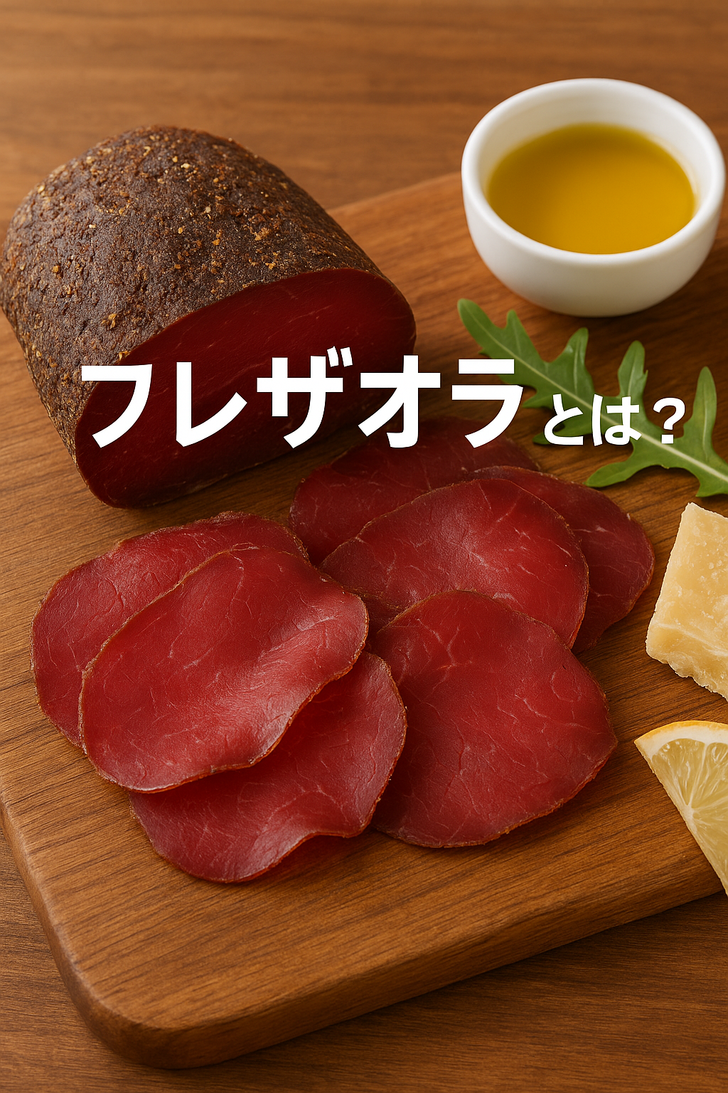 家庭で作るブレザオラ（牛肉の生ハム）｜薄切りの盛り付け、ルッコラとパルミジャーノ、オリーブオイル添え