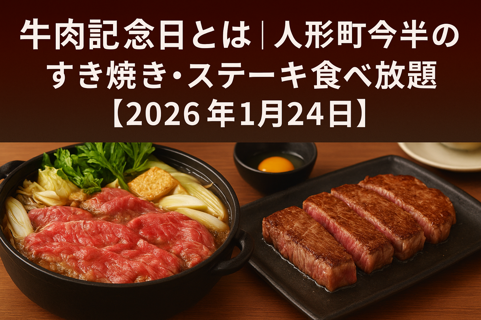 牛肉記念日2026｜人形町今半のすき焼き・ステーキ食べ放題イベントのイメージ写真。A5和牛のすき焼きとステーキが並ぶ豪華な料理シーン。