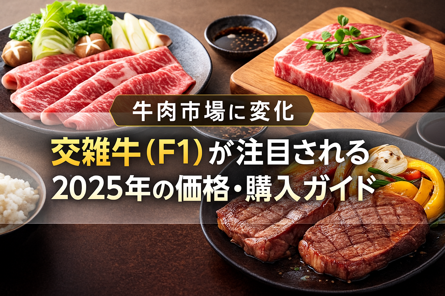 交雑牛（F1）の特徴と2025年の価格動向を解説する記事用アイキャッチ画像｜赤身と適度なサシの牛肉写真