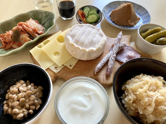 納豆・ヨーグルト・チーズ・味噌などの発酵食品の健康イメージ