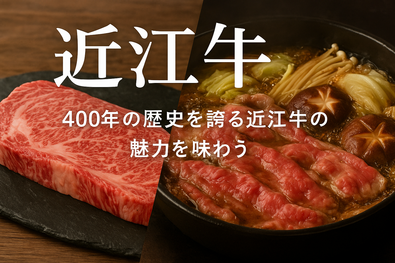 「近江牛の霜降りステーキとすき焼き