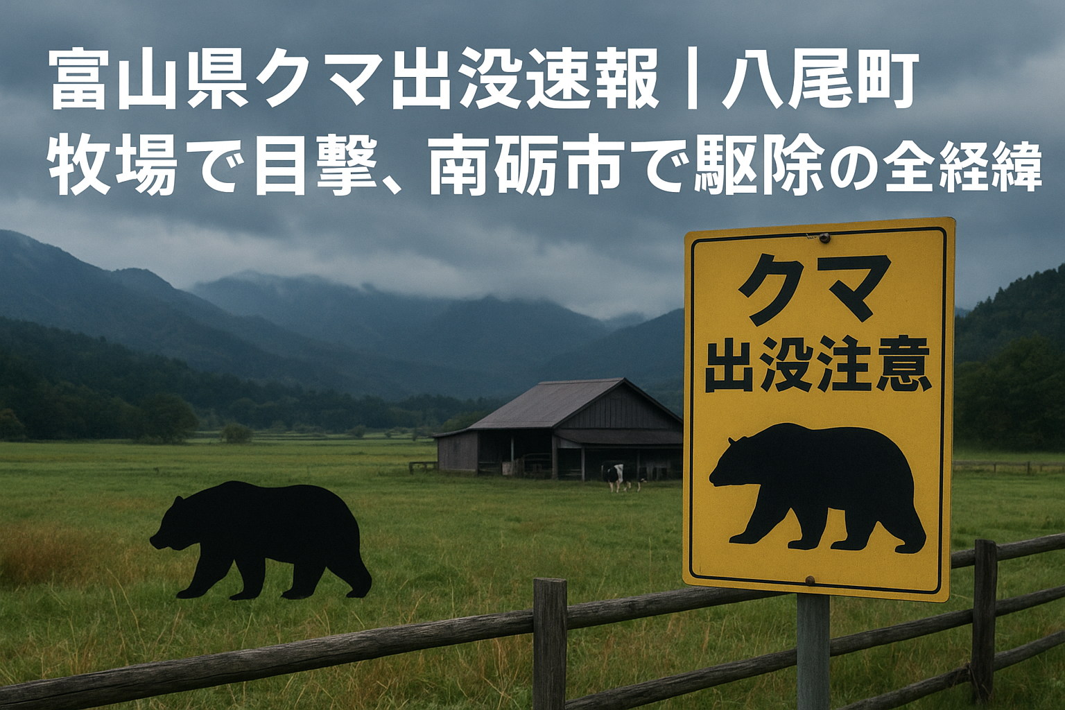 富山県八尾町牧場でのクマ出没注意標識と山間の風景｜南砺市での駆除速報を伝えるニュース画像