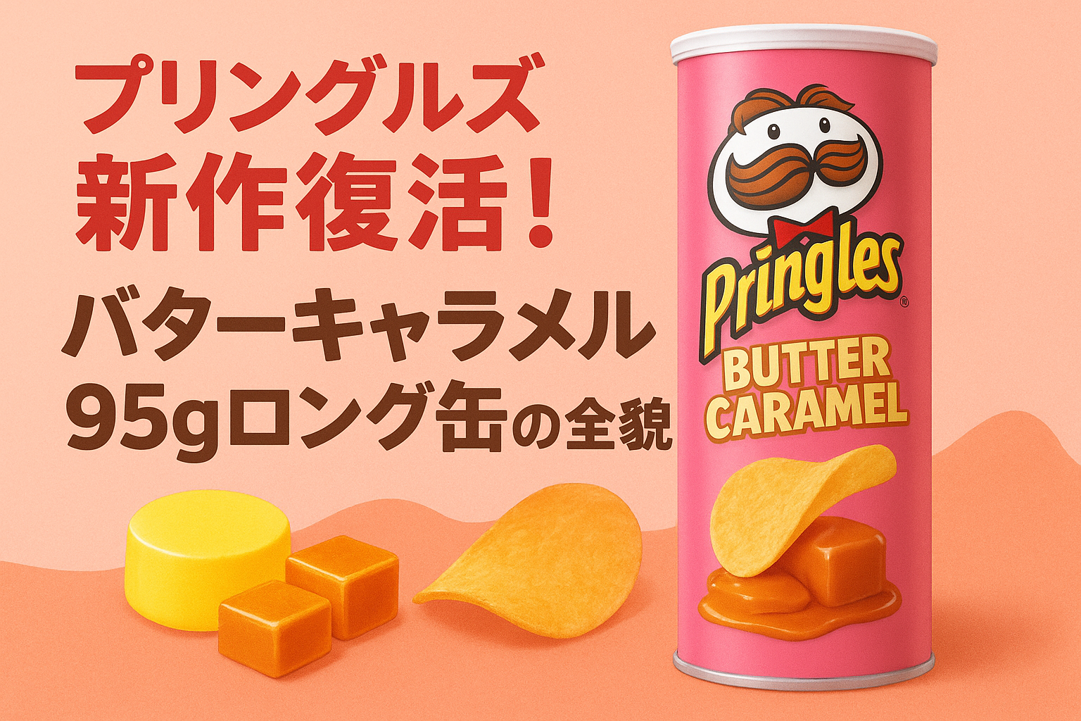 プリングルズ バターキャラメル95gロング缶の再販イメージ｜甘じょっぱい新作スイーツ系フレーバー登場