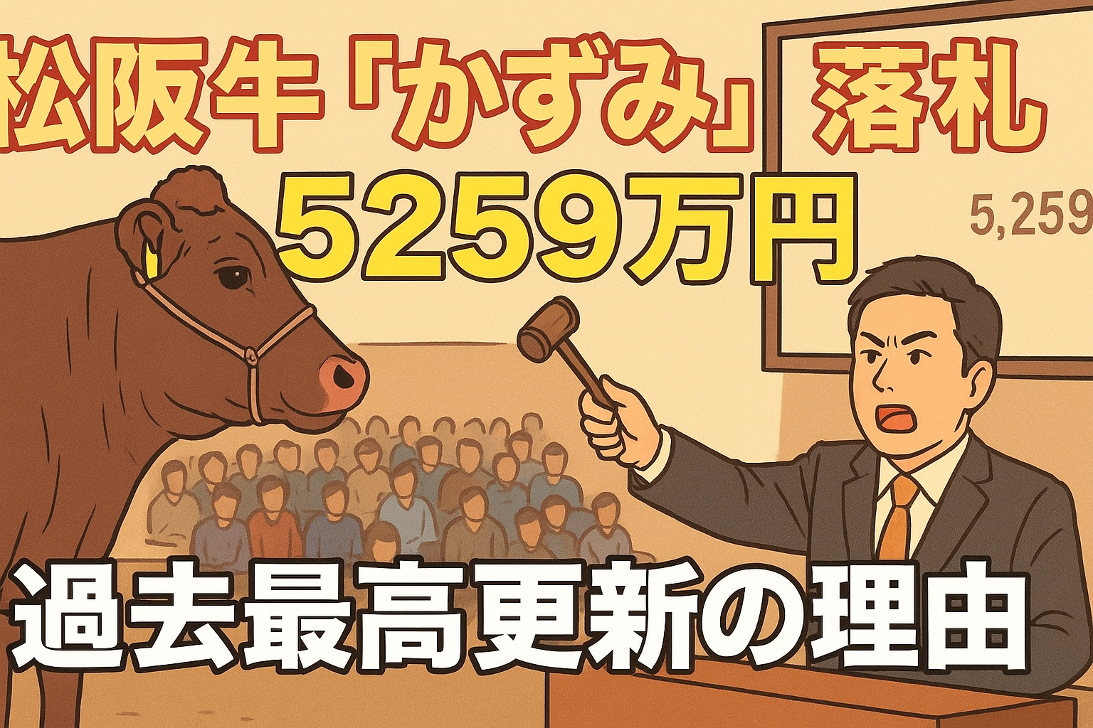 松阪牛かずみ 落札5259万円のニュース用イラスト画像｜松阪肉牛共進会 過去最高価格更新