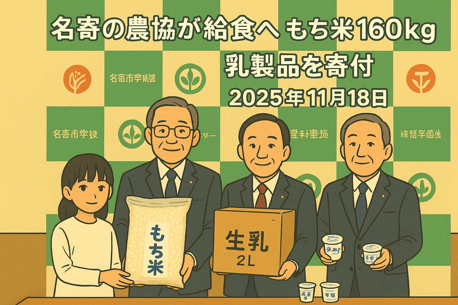 名寄農協が学校給食へもち米160kgと乳製品を寄付する様子のイラスト
