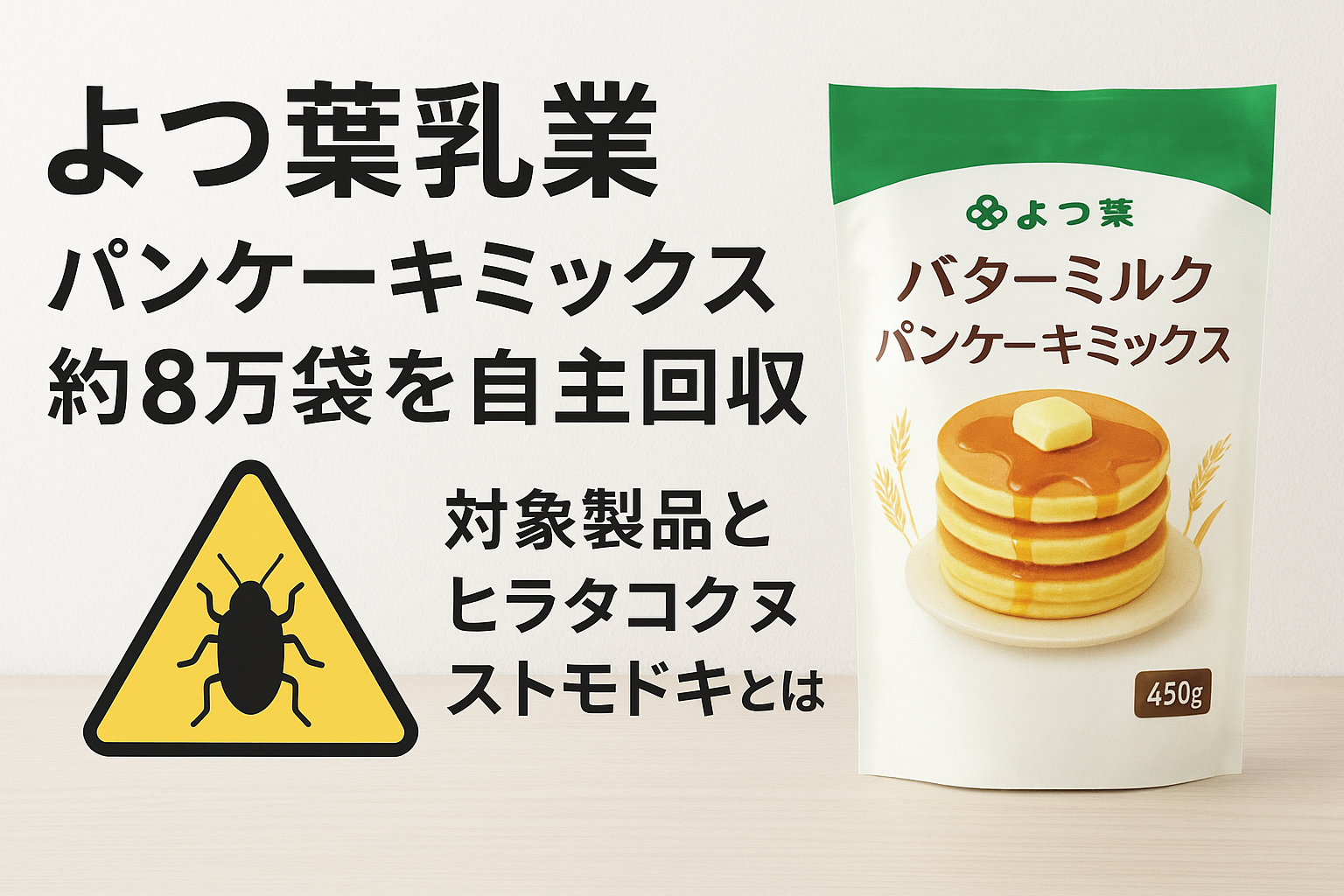 よつ葉乳業がパンケーキミックス約8万袋を自主回収｜ヒラタコクヌストモドキ混入の可能性と対象製品情報