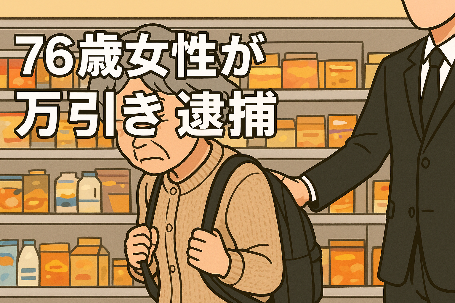 「札幌市手稲区のスーパーで76歳女性が万引きで現行犯逮捕された様子を描いたイラスト