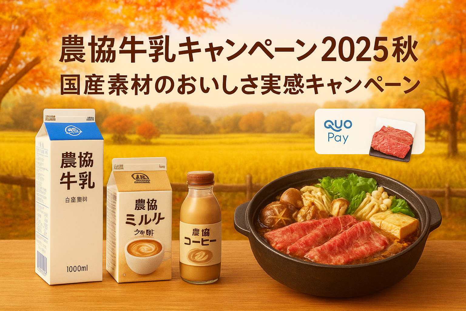 農協牛乳キャンペーン2025秋 国産素材のおいしさ実感キャンペーン 上州牛すき焼きセットやQUOカードPayが当たるプレゼント企画イメージ