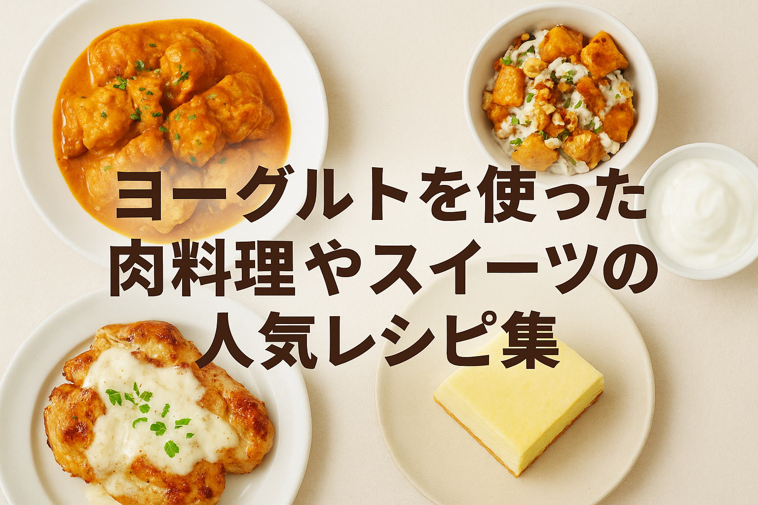 ヨーグルトを使ったおかず・スイーツ・サラダのレシピイメージ。肉の漬け込みや大量消費スイーツ、ヘルシー副菜も掲載