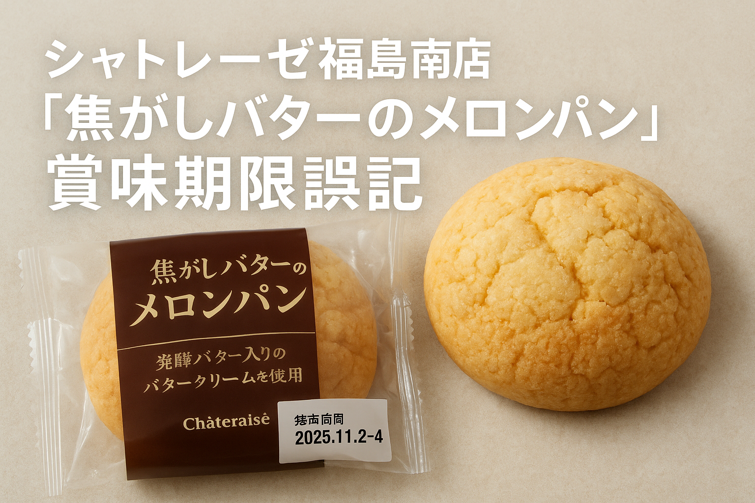 シャトレーゼ福島南店で販売された「焦がしバターのメロンパン」賞味期限誤表示による自主回収と返金案内のイメージ写真