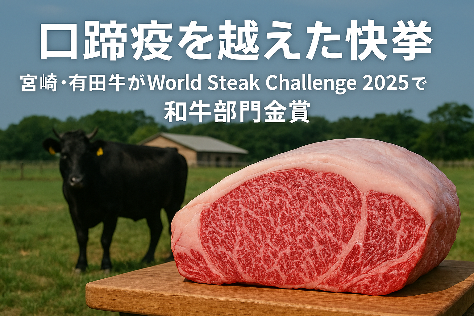 有田牛がWorld Steak Challenge 2025で和牛部門金賞を受賞した記念画像。宮崎の牧場と霜降り肉の写真。